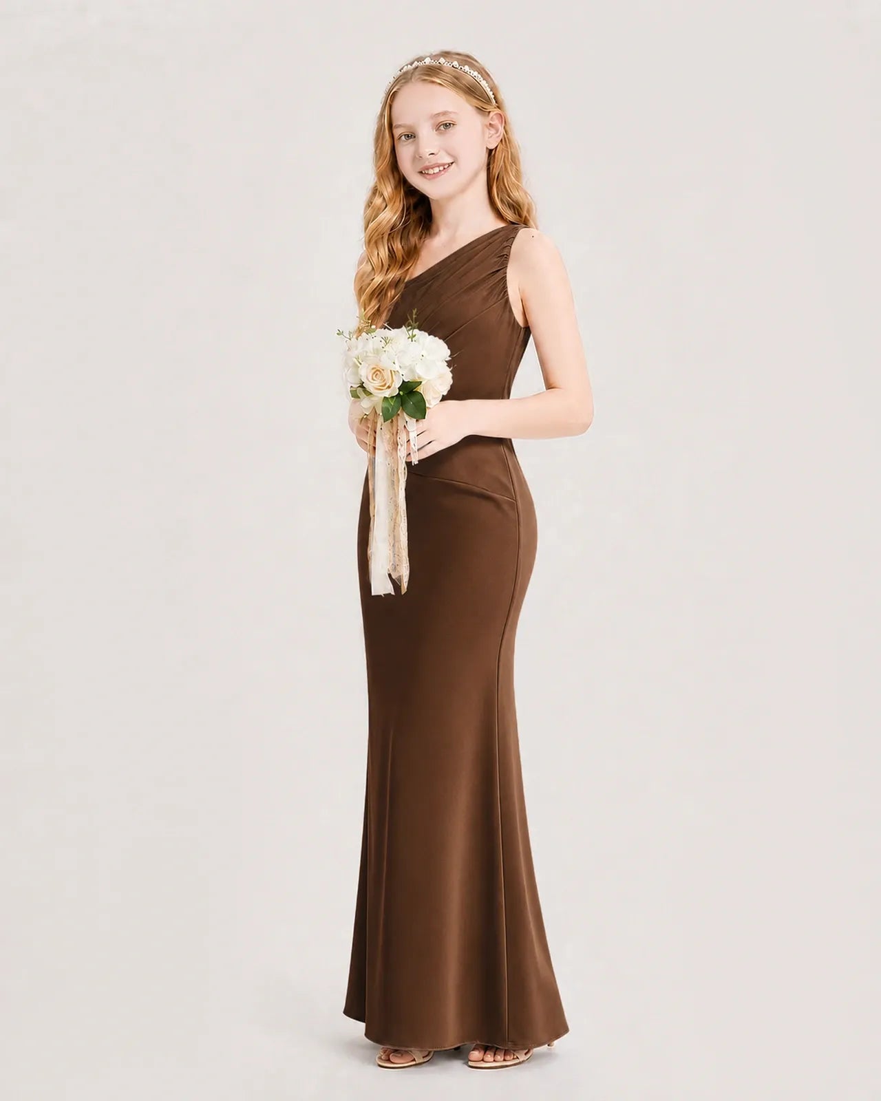 Chocolate Satin Mermaid Junior Bridesmaid Dress Side View