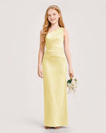 Dideyttawl Satin Junior Bridesmaid Dress with Ruched One-Shoulder