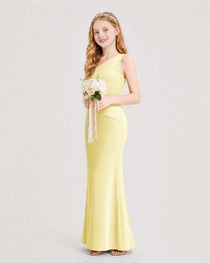 Dideyttawl Satin Junior Bridesmaid Dress with Ruched One-Shoulder