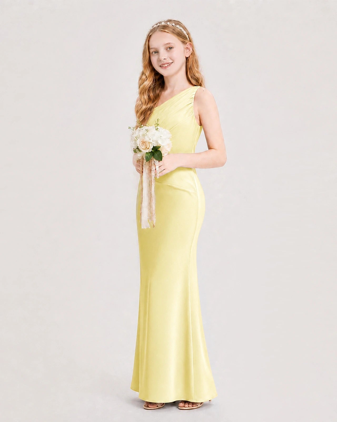 Dideyttawl Satin Junior Bridesmaid Dress with Ruched One-Shoulder