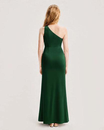 Dark Green Satin A-line Junior Bridesmaid Dress Back View