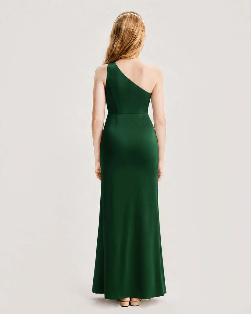 Dark Green Satin A-line Junior Bridesmaid Dress Back View