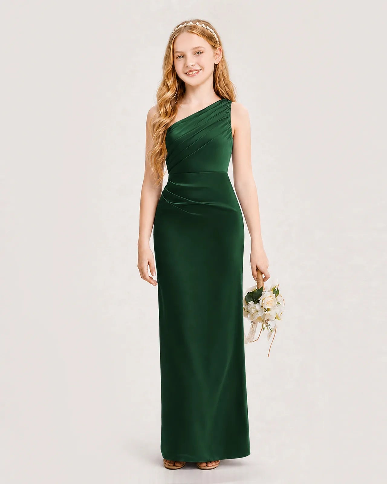 Dark Green Satin Sheath Junior Bridesmaid Dress Front View