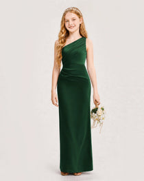 Dideyttawl Satin Junior Bridesmaid Dress with Ruched One-Shoulder