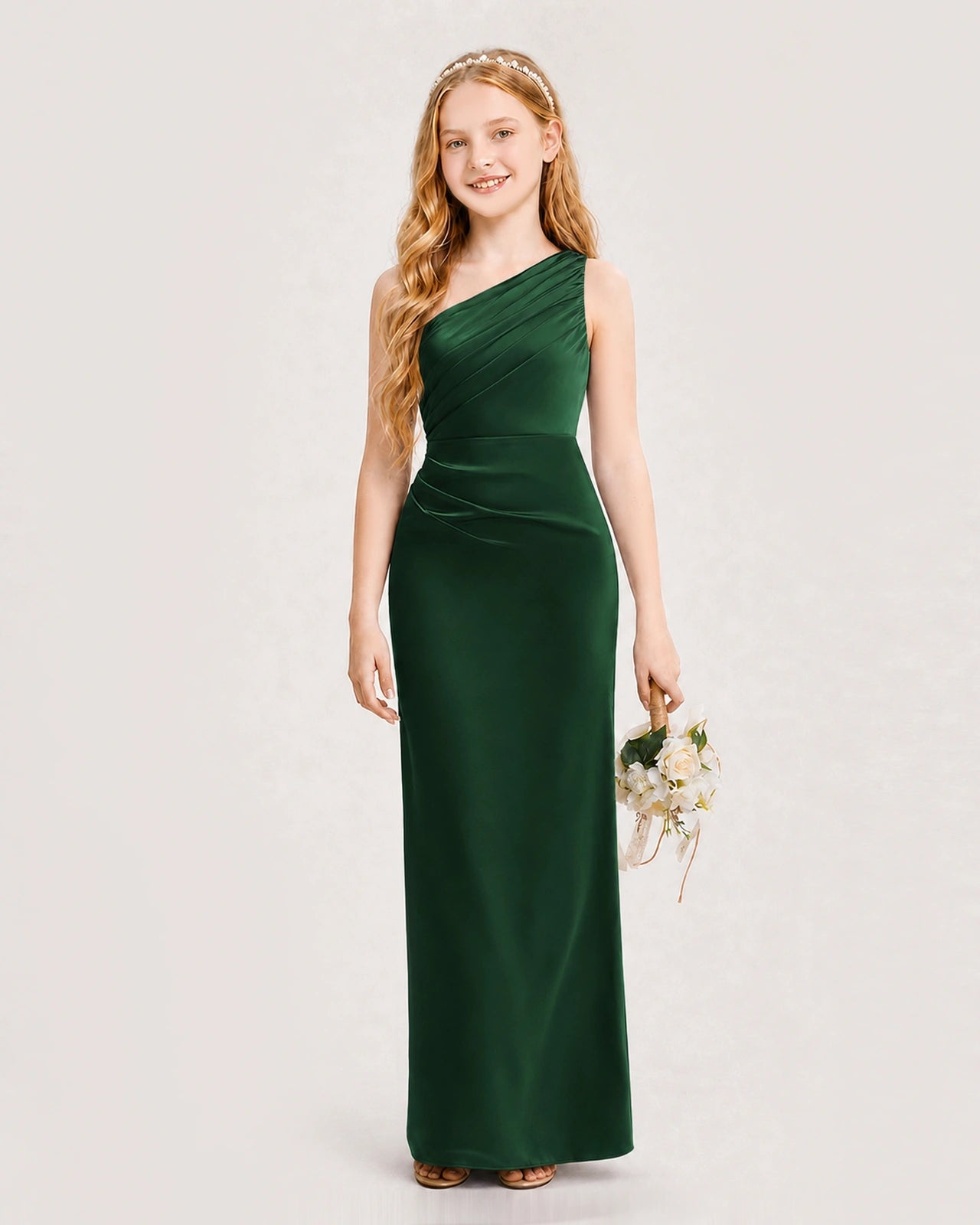 Dideyttawl Satin Junior Bridesmaid Dress with Ruched One-Shoulder