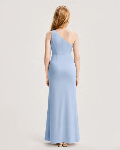 Dusty Blue Satin Sheath Junior Bridesmaid Dress Back View