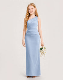 Dideyttawl Satin Junior Bridesmaid Dress with Ruched One-Shoulder