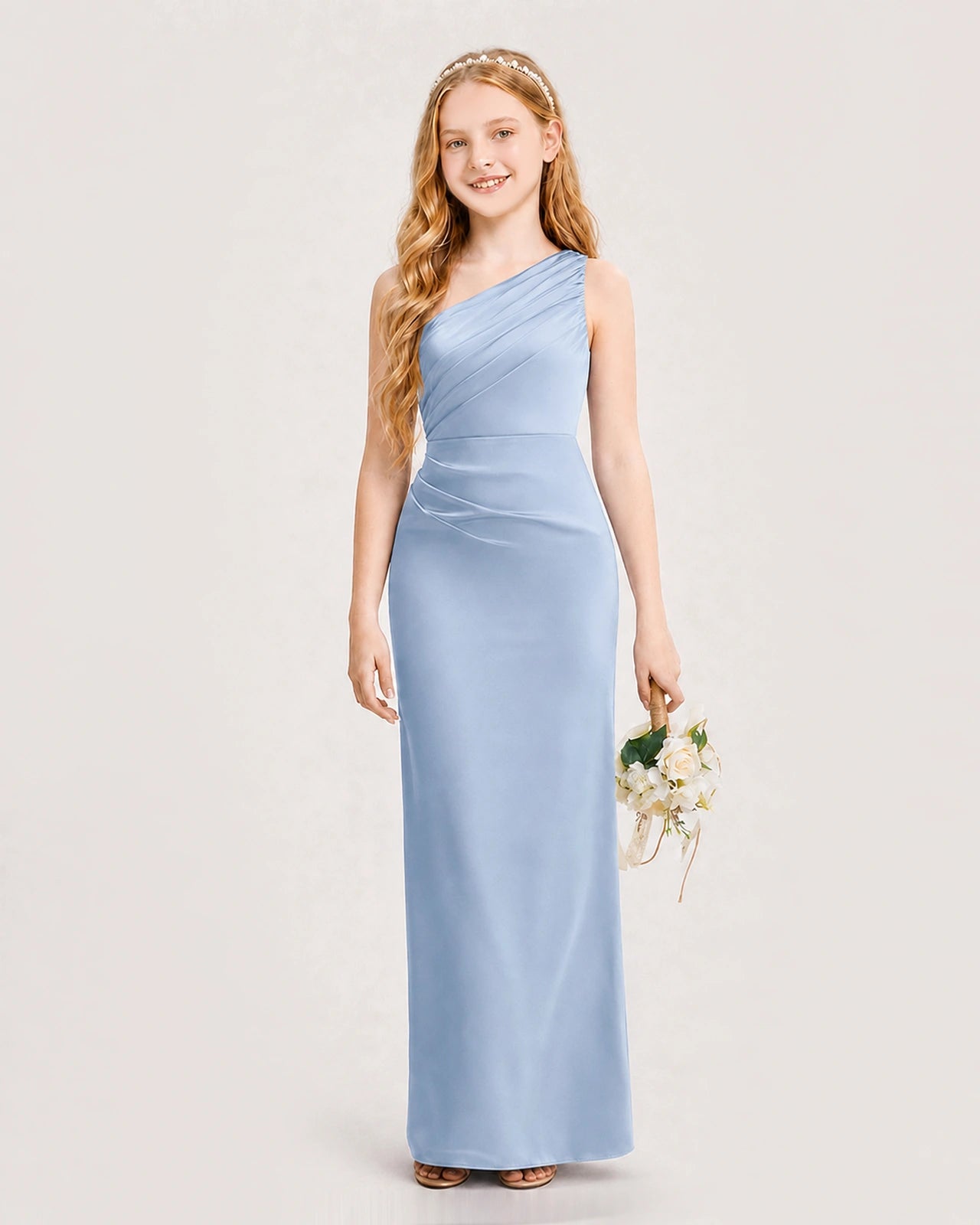 Dideyttawl Satin Junior Bridesmaid Dress with Ruched One-Shoulder
