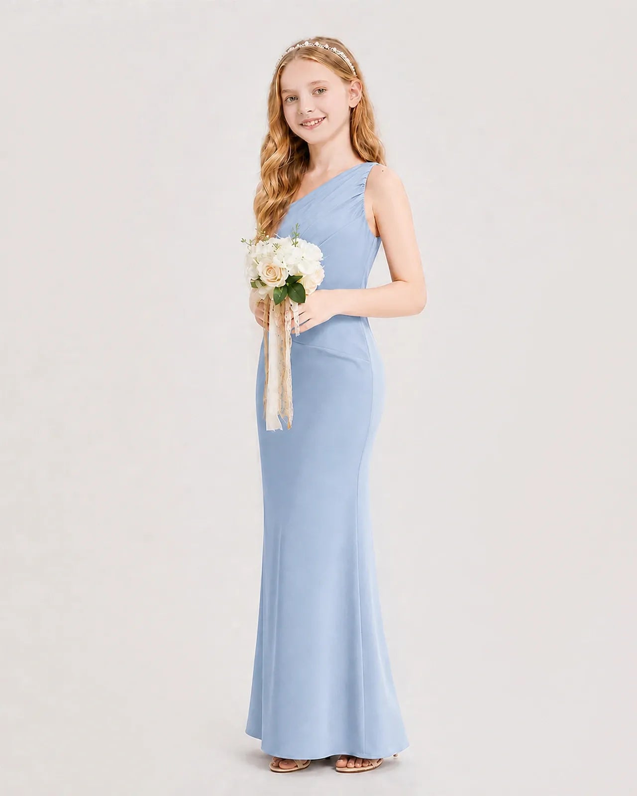 Dusty Blue Satin Sheath Junior Bridesmaid Dress Side View