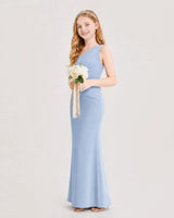 Dusty Blue Satin Sheath Junior Bridesmaid Dress Side View