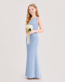 Dideyttawl Satin Junior Bridesmaid Dress with Ruched One-Shoulder