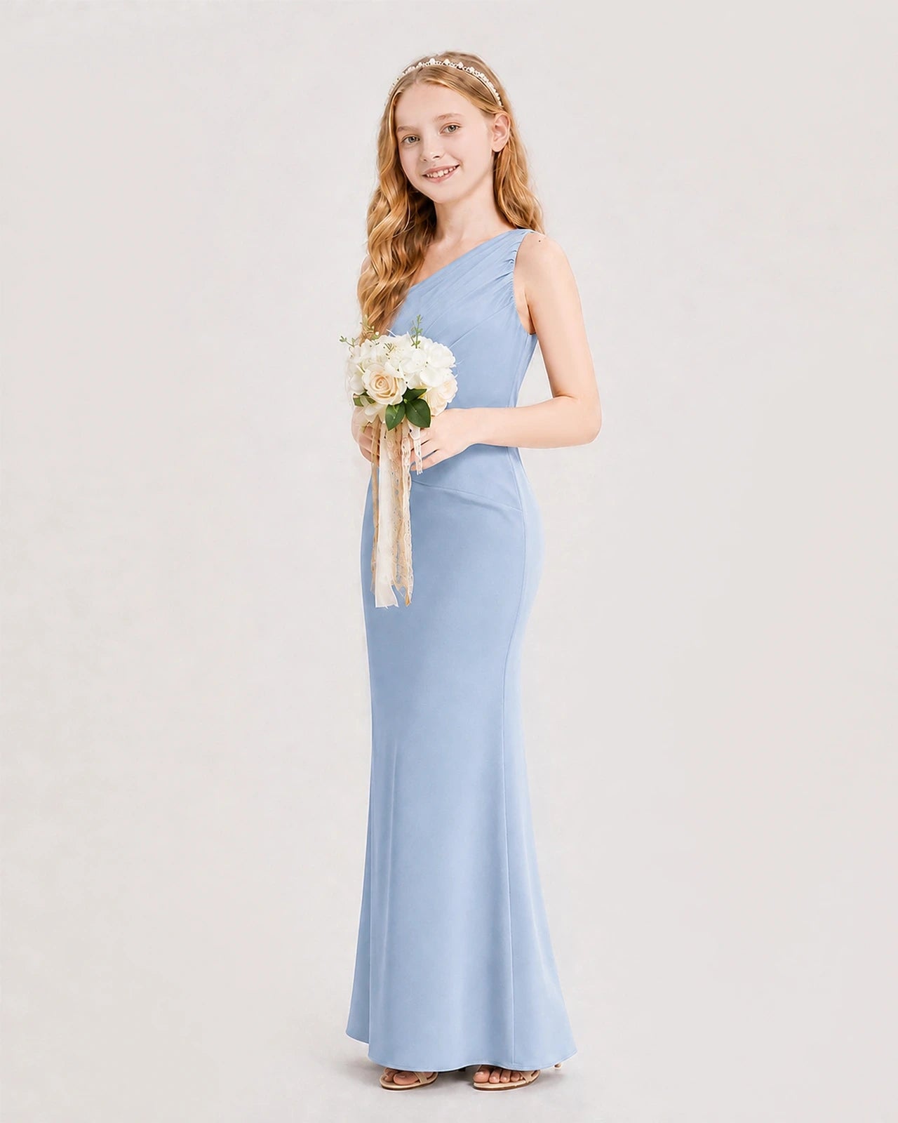 Dideyttawl Satin Junior Bridesmaid Dress with Ruched One-Shoulder