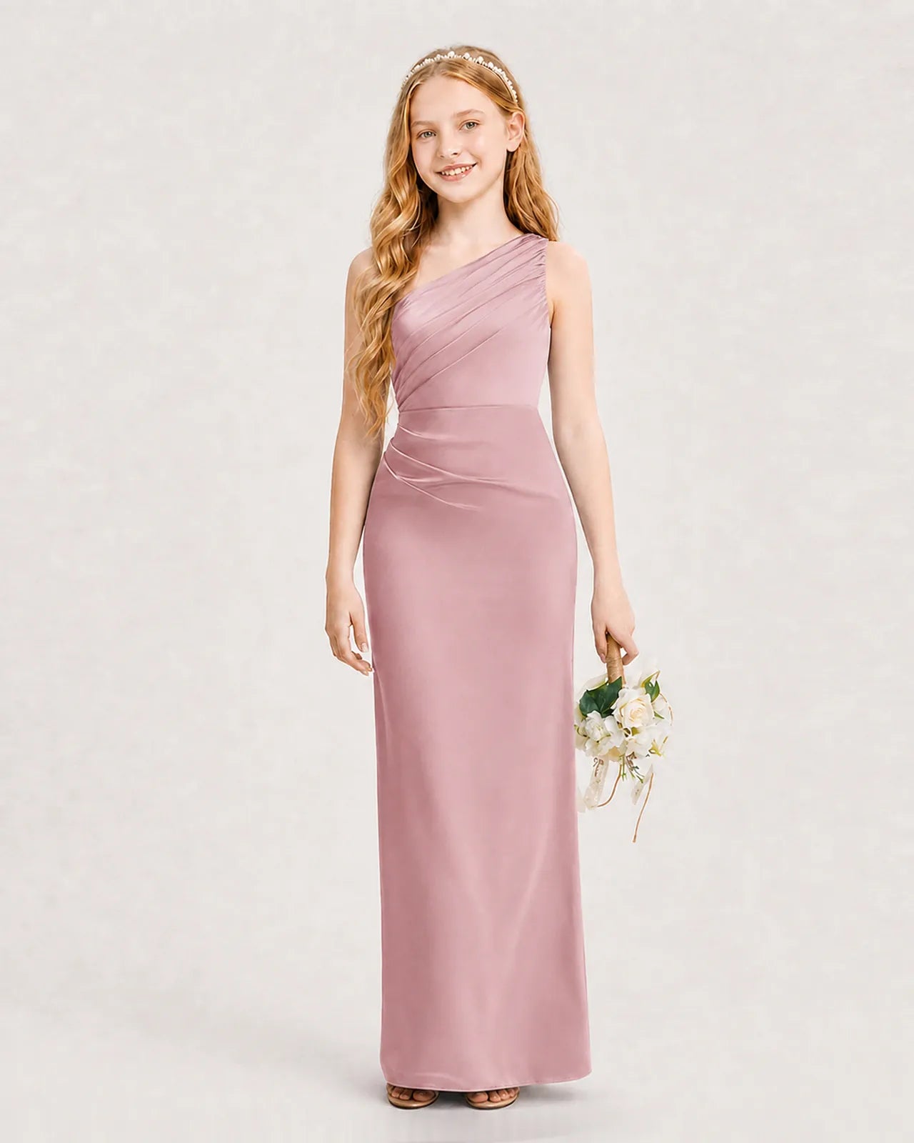 Dusty Rose Satin Sheath Junior Bridesmaid Dress Front View