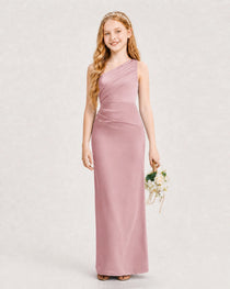 Dideyttawl Satin Junior Bridesmaid Dress with Ruched One-Shoulder