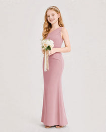 Dideyttawl Satin Junior Bridesmaid Dress with Ruched One-Shoulder
