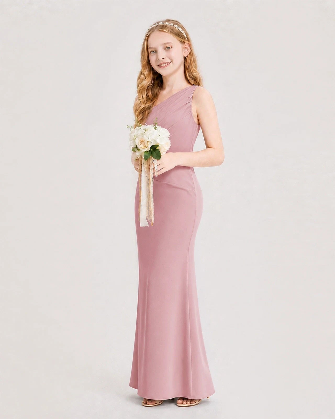 Dideyttawl Satin Junior Bridesmaid Dress with Ruched One-Shoulder