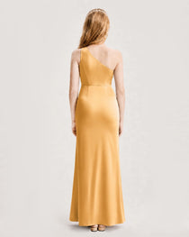 Dideyttawl Satin Junior Bridesmaid Dress with Ruched One-Shoulder