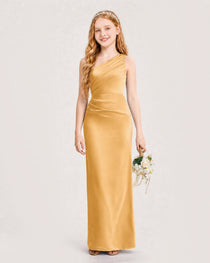 Dideyttawl Satin Junior Bridesmaid Dress with Ruched One-Shoulder