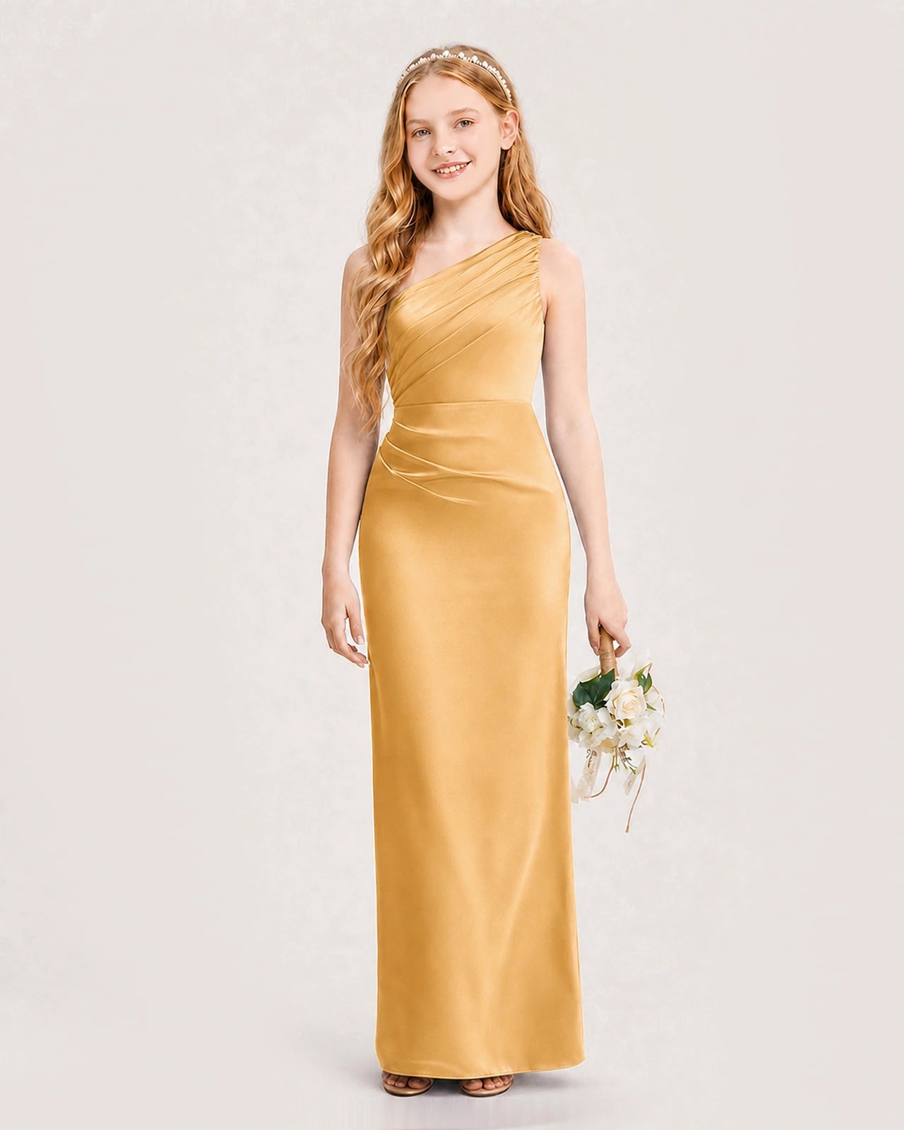 Dideyttawl Satin Junior Bridesmaid Dress with Ruched One-Shoulder