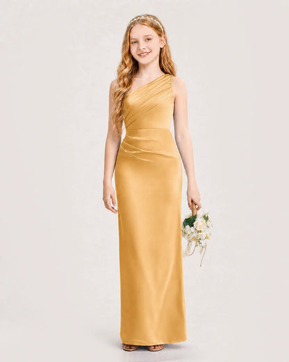 Gold Satin A-line Junior Bridesmaid Dress Front View