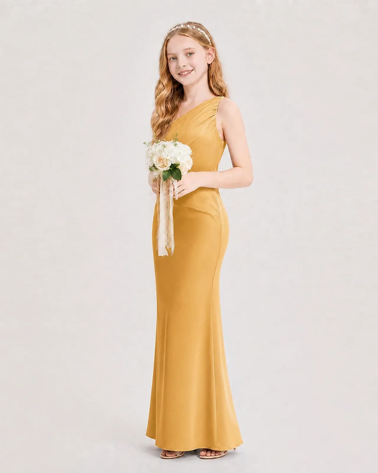 Gold Satin A-line Junior Bridesmaid Dress Side View