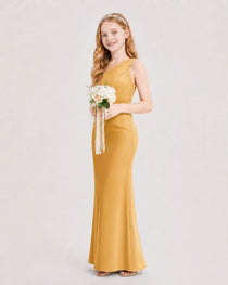 Dideyttawl Satin Junior Bridesmaid Dress with Ruched One-Shoulder
