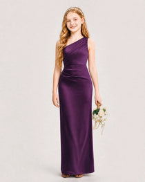 Dideyttawl Satin Junior Bridesmaid Dress with Ruched One-Shoulder