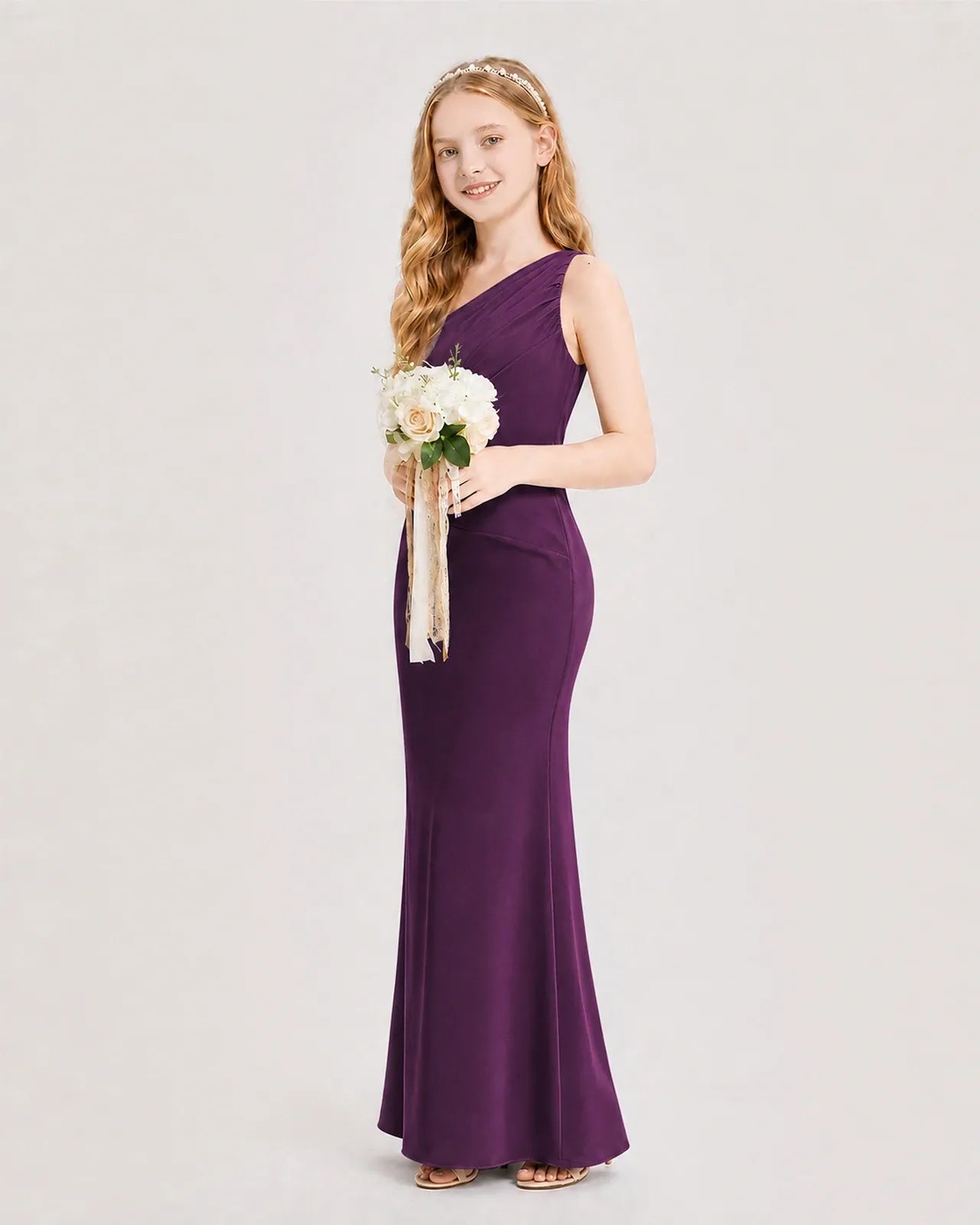 Grape Satin Mermaid Junior Bridesmaid Dress Side View