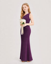 Dideyttawl Satin Junior Bridesmaid Dress with Ruched One-Shoulder
