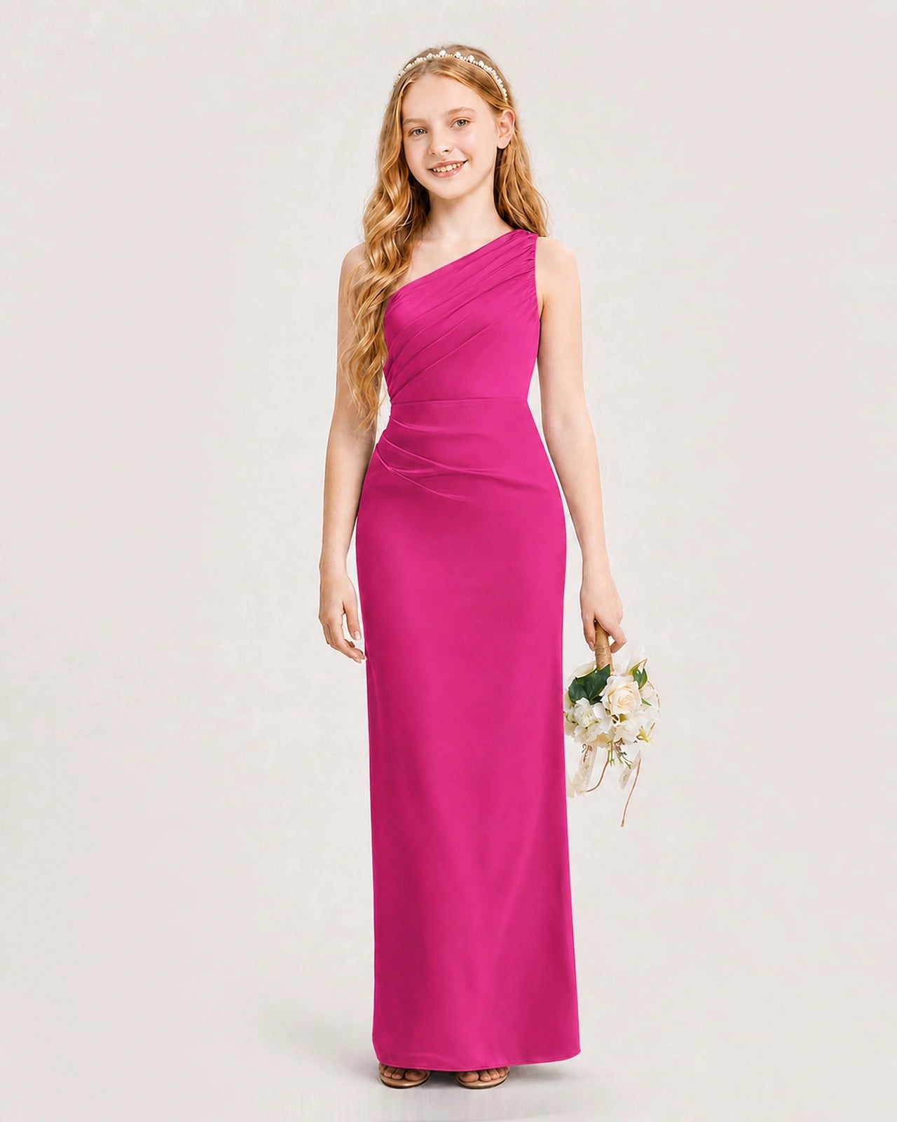 Dideyttawl Satin Junior Bridesmaid Dress with Ruched One-Shoulder