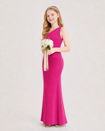 Dideyttawl Satin Junior Bridesmaid Dress with Ruched One-Shoulder