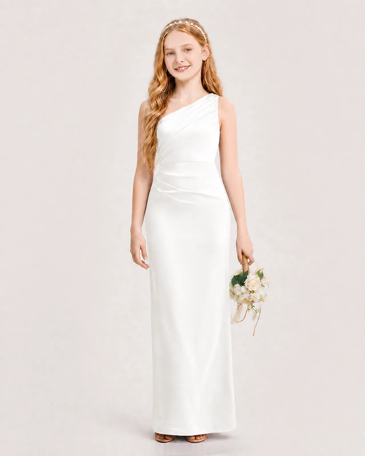 Ivory Satin Sheath Junior Bridesmaid Dress Front View