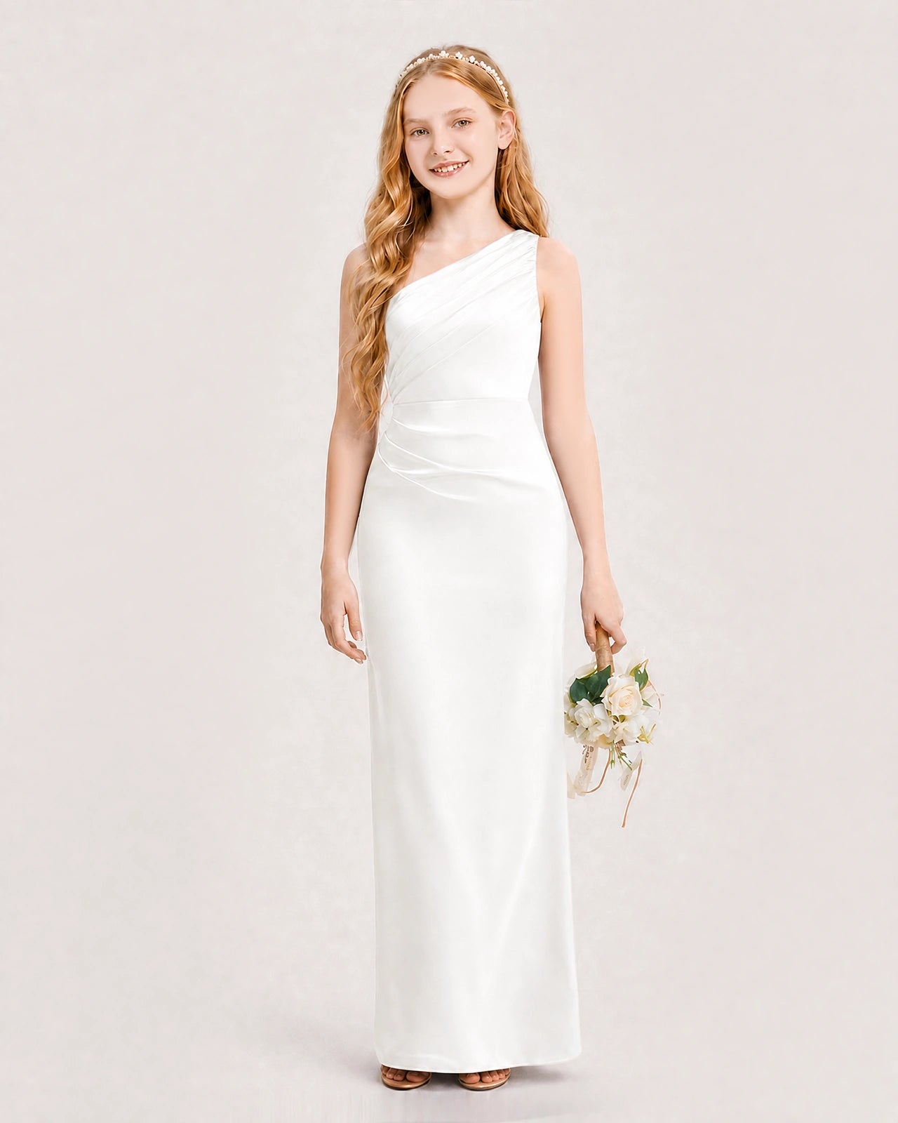 Dideyttawl Satin Junior Bridesmaid Dress with Ruched One-Shoulder