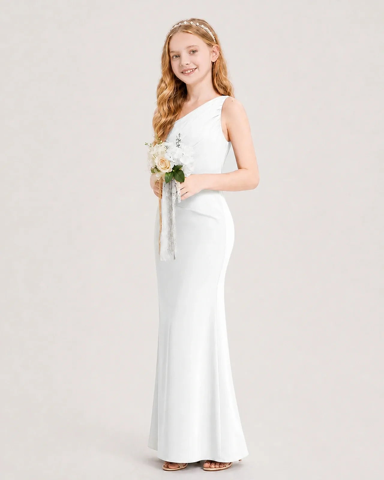 Ivory Satin Sheath Junior Bridesmaid Dress Side View