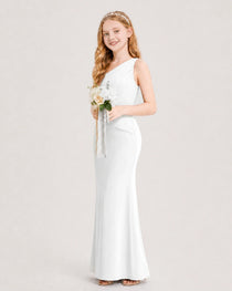 Dideyttawl Satin Junior Bridesmaid Dress with Ruched One-Shoulder
