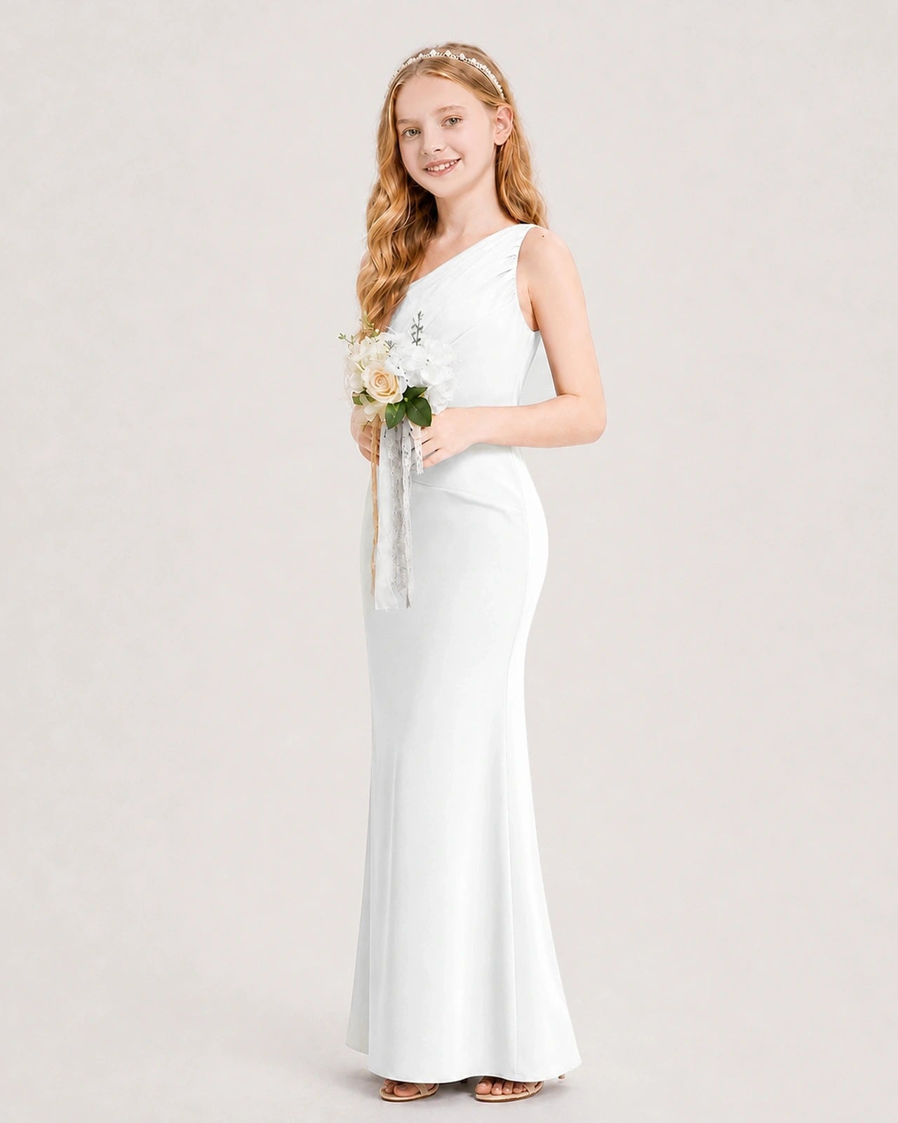 Dideyttawl Satin Junior Bridesmaid Dress with Ruched One-Shoulder