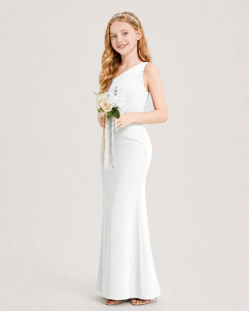 Ivory Satin Sheath Junior Bridesmaid Dress Side View