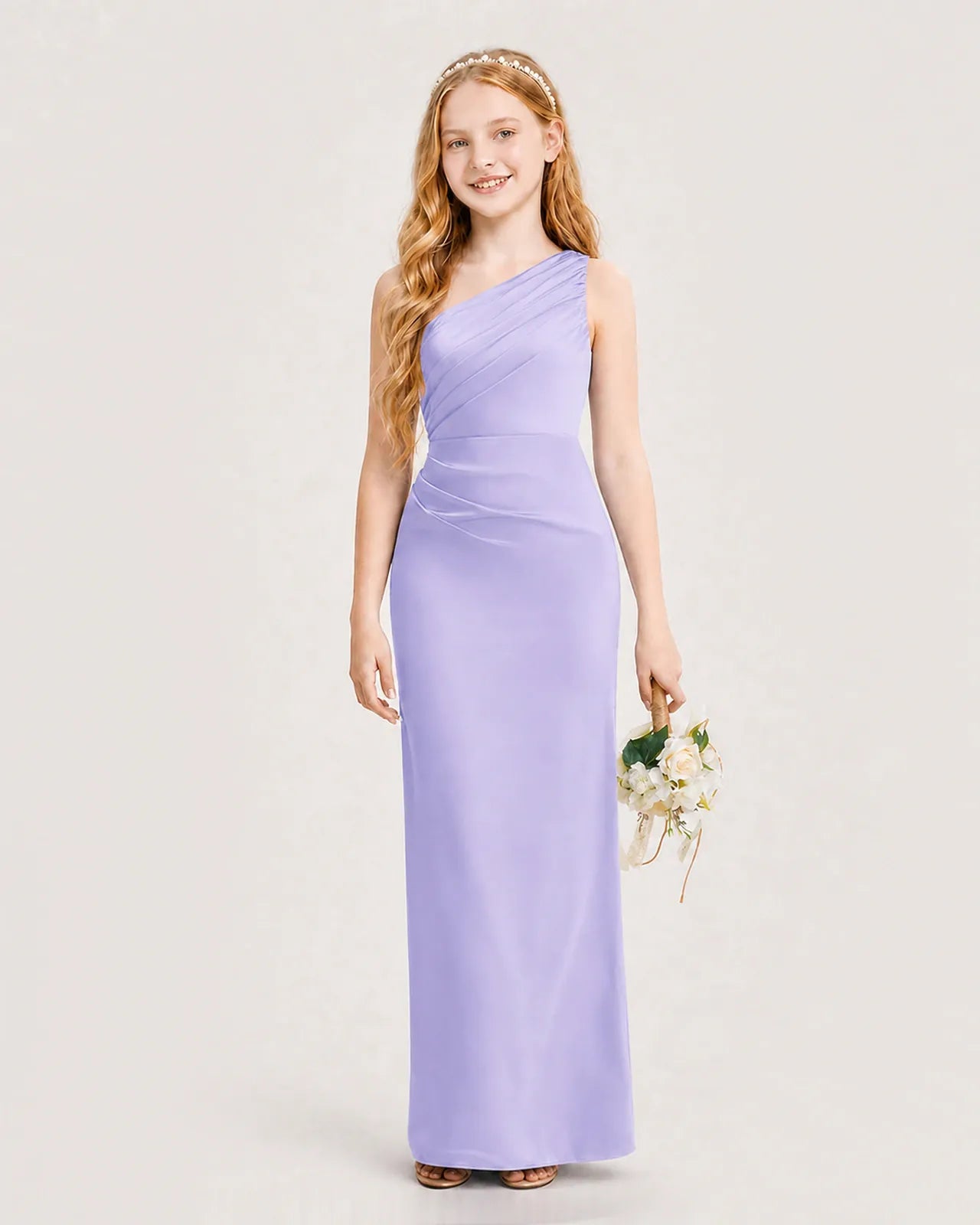 Lavender Satin Sheath Junior Bridesmaid Dress Front View