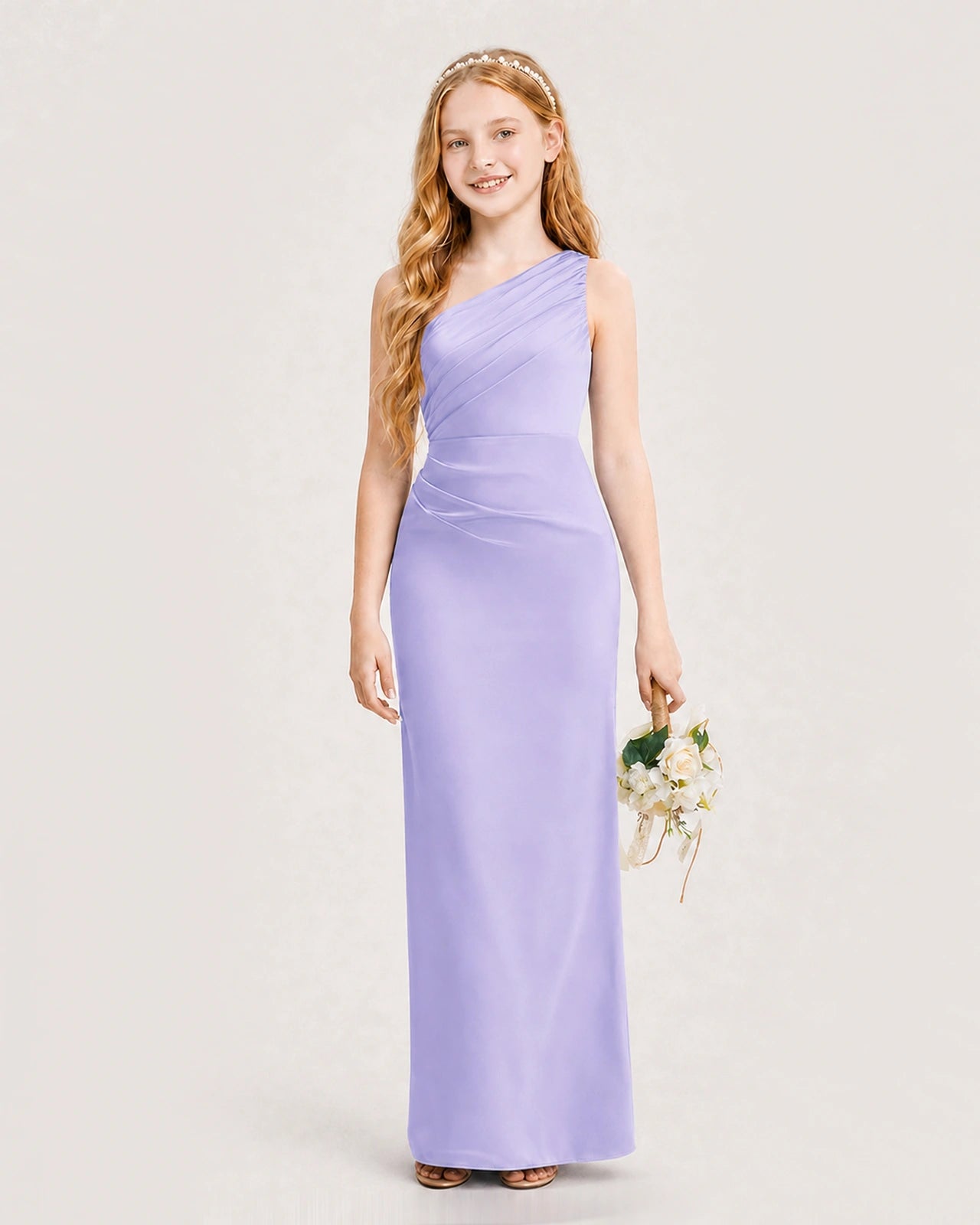 Dideyttawl Satin Junior Bridesmaid Dress with Ruched One-Shoulder