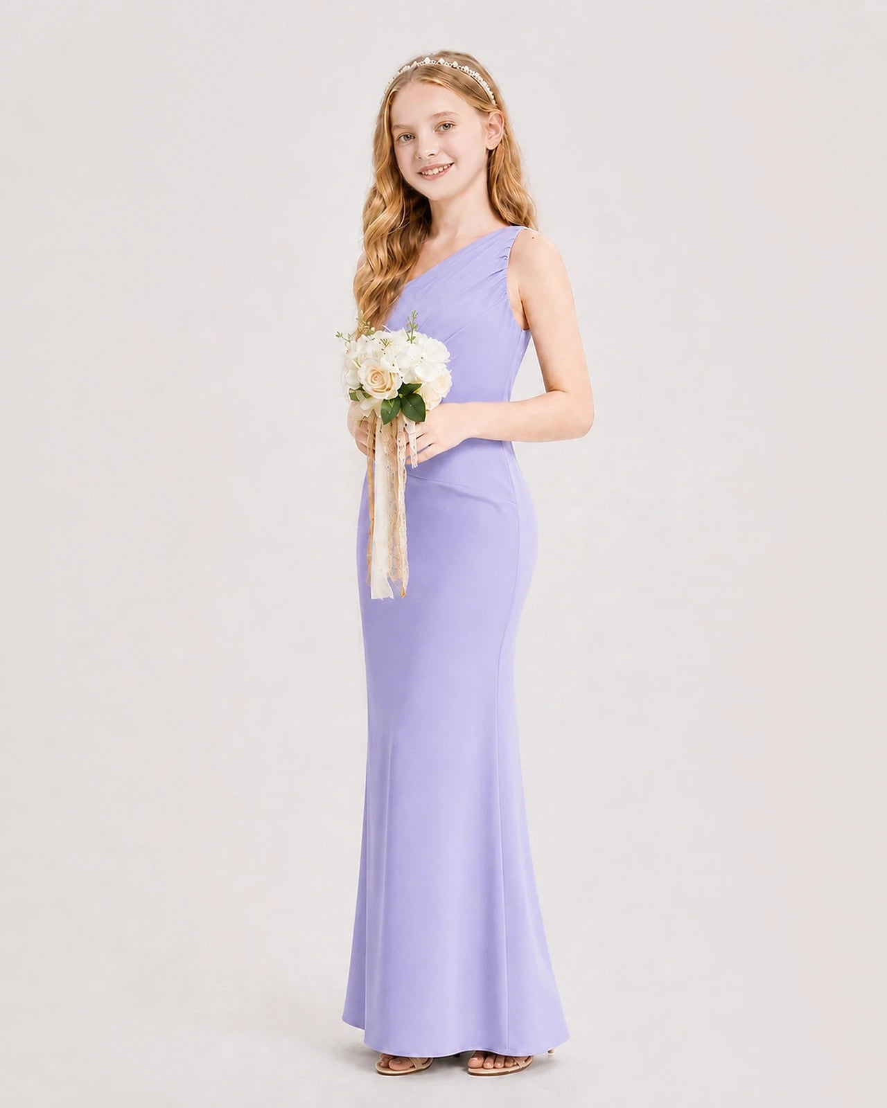 Dideyttawl Satin Junior Bridesmaid Dress with Ruched One-Shoulder