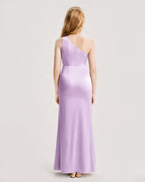 Dideyttawl Satin Junior Bridesmaid Dress with Ruched One-Shoulder