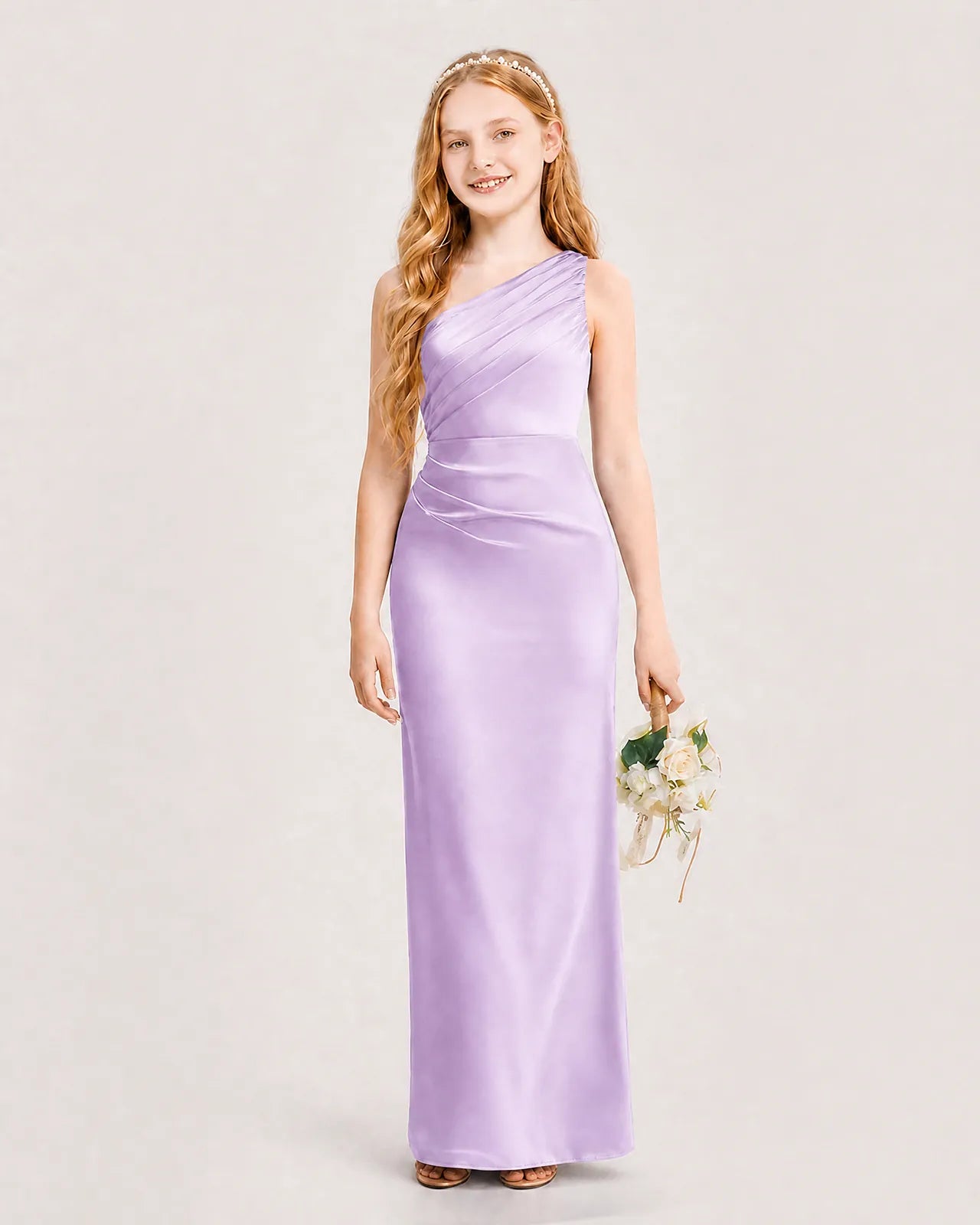 Lilac Satin Sheath Junior Bridesmaid Dress Front View