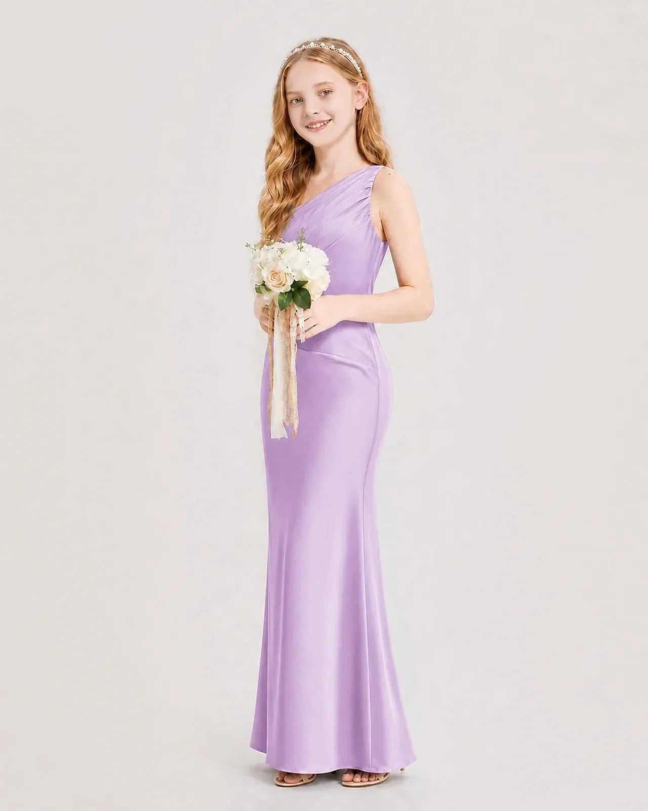 Lilac Satin Sheath Junior Bridesmaid Dress Side View