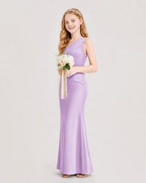 Dideyttawl Satin Junior Bridesmaid Dress with Ruched One-Shoulder