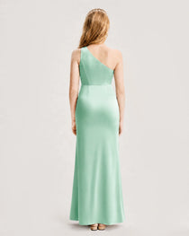 Dideyttawl Satin Junior Bridesmaid Dress with Ruched One-Shoulder
