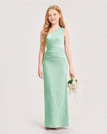 Dideyttawl Satin Junior Bridesmaid Dress with Ruched One-Shoulder