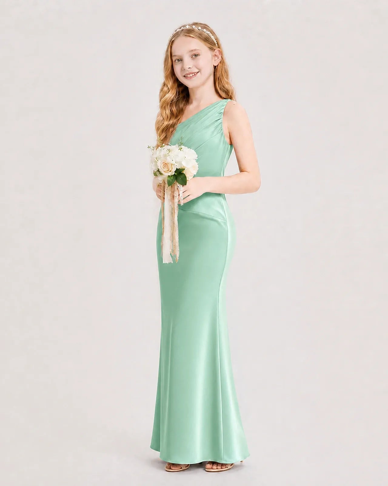 Mint Green Satin Mermaid Junior Bridesmaid Dress Side View