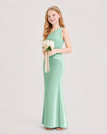 Dideyttawl Satin Junior Bridesmaid Dress with Ruched One-Shoulder