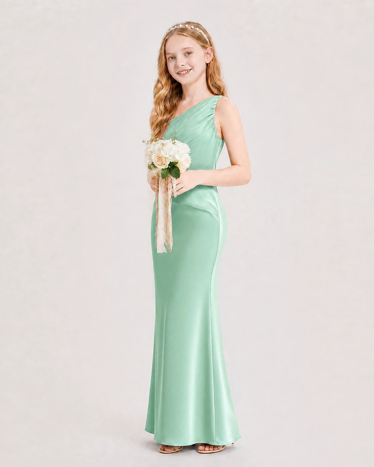 Dideyttawl Satin Junior Bridesmaid Dress with Ruched One-Shoulder