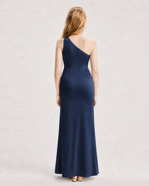 Dideyttawl Satin Junior Bridesmaid Dress with Ruched One-Shoulder